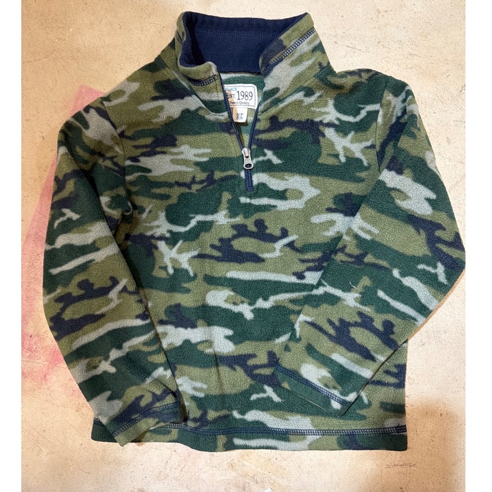 The Childrens Place Boys Camo Fleece Quarter Zip Pullover Green Navy Size 5/6 S